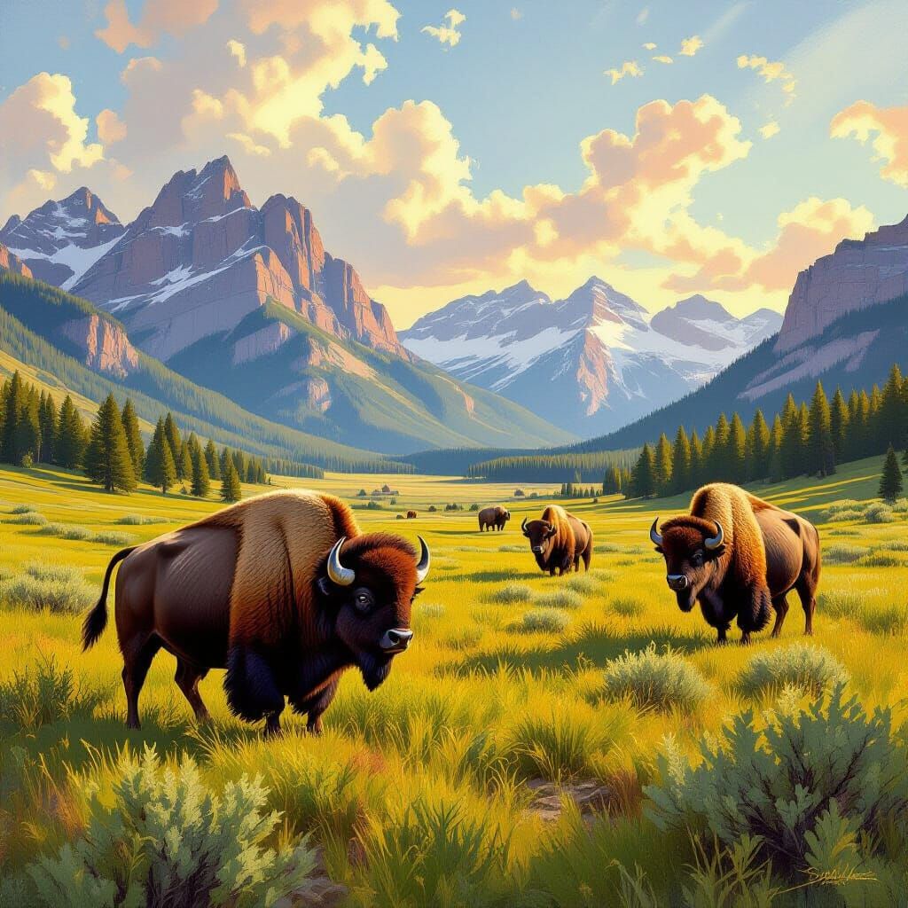 Buffalo in Yellowstone: A Romantic Landscape Painting