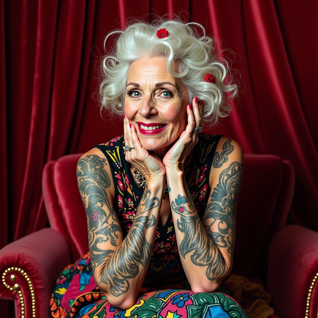 Sassy Tattooed Grandmother in Editorial Fashion Portrait