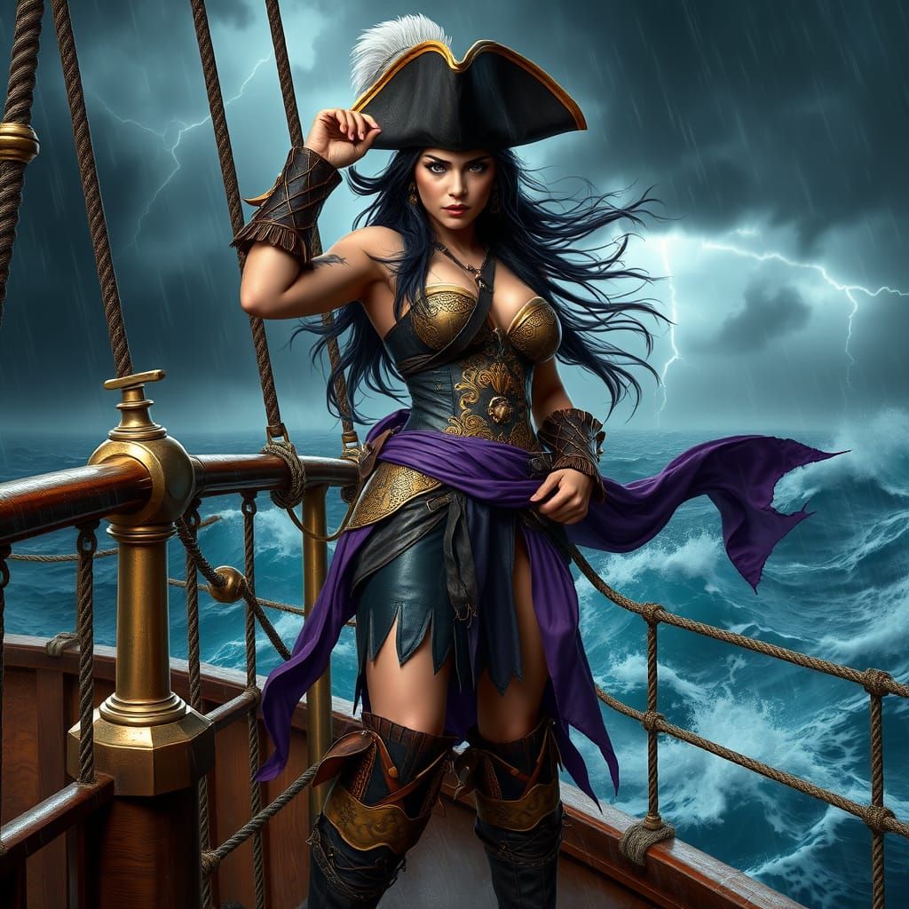 Fierce Pirate Captain in Stormy Seas - Fantasy Digital Art