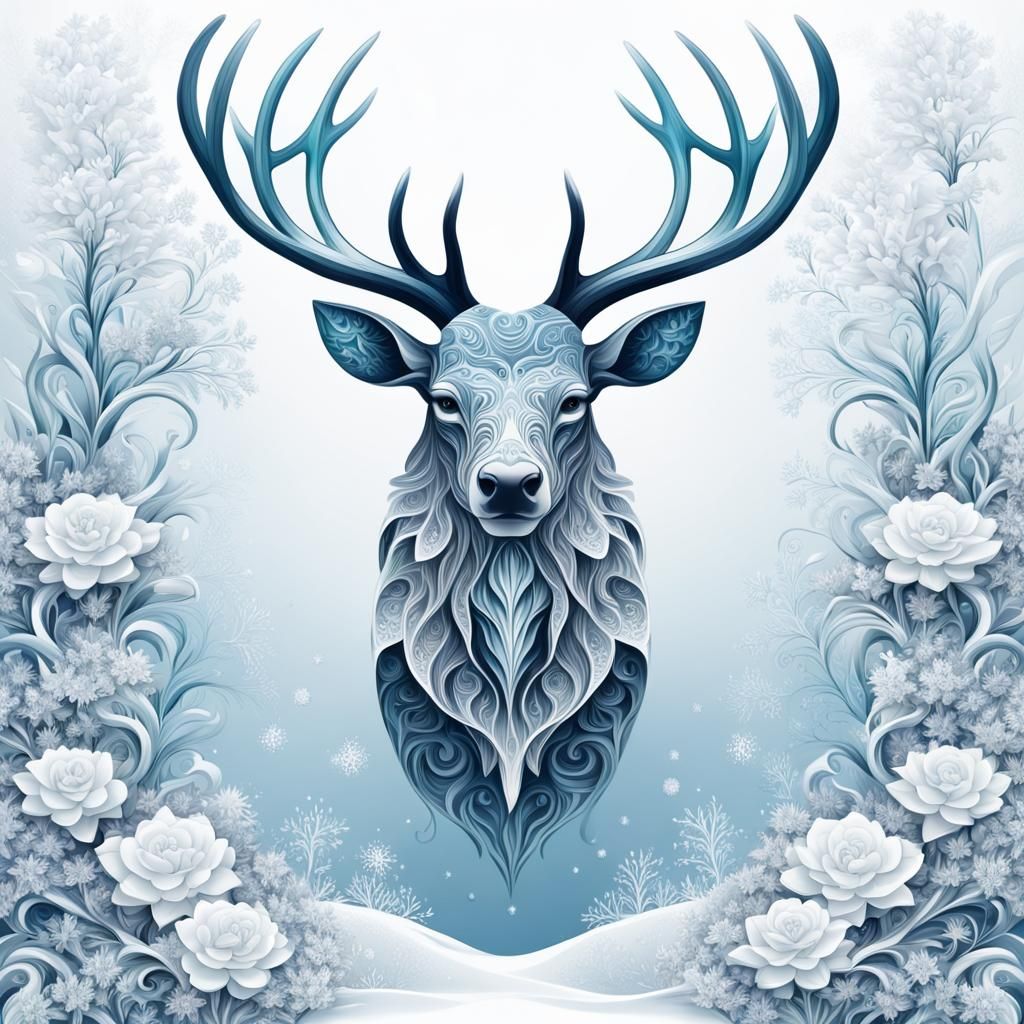 Man-Stag Creature in Snowy Flower Field