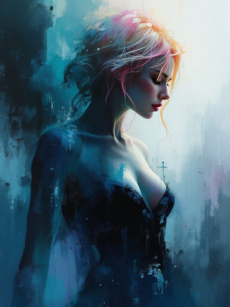 Pin-Up Woman with Pink-Tipped Hair in Turbulent Style