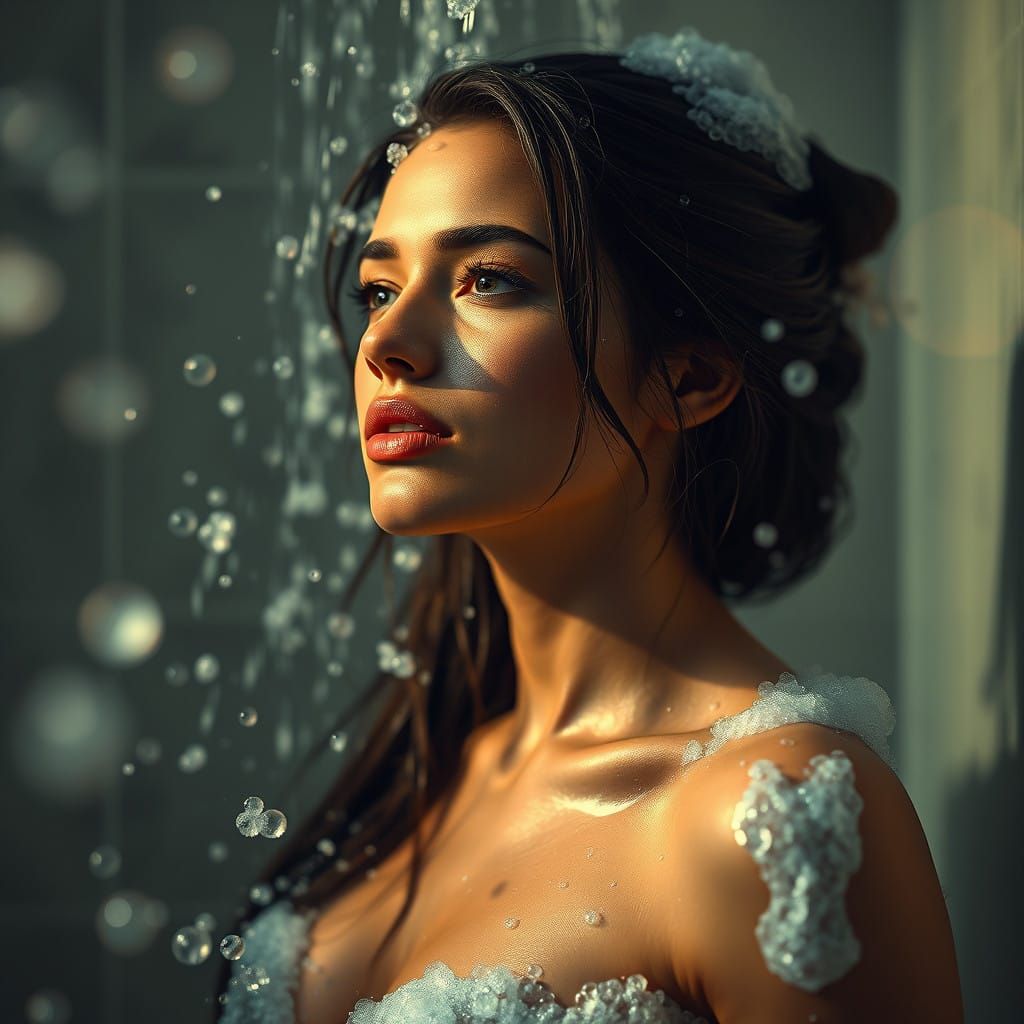 Serene Brunette in Soapy Bliss, a Fantasy Concept Art Piece