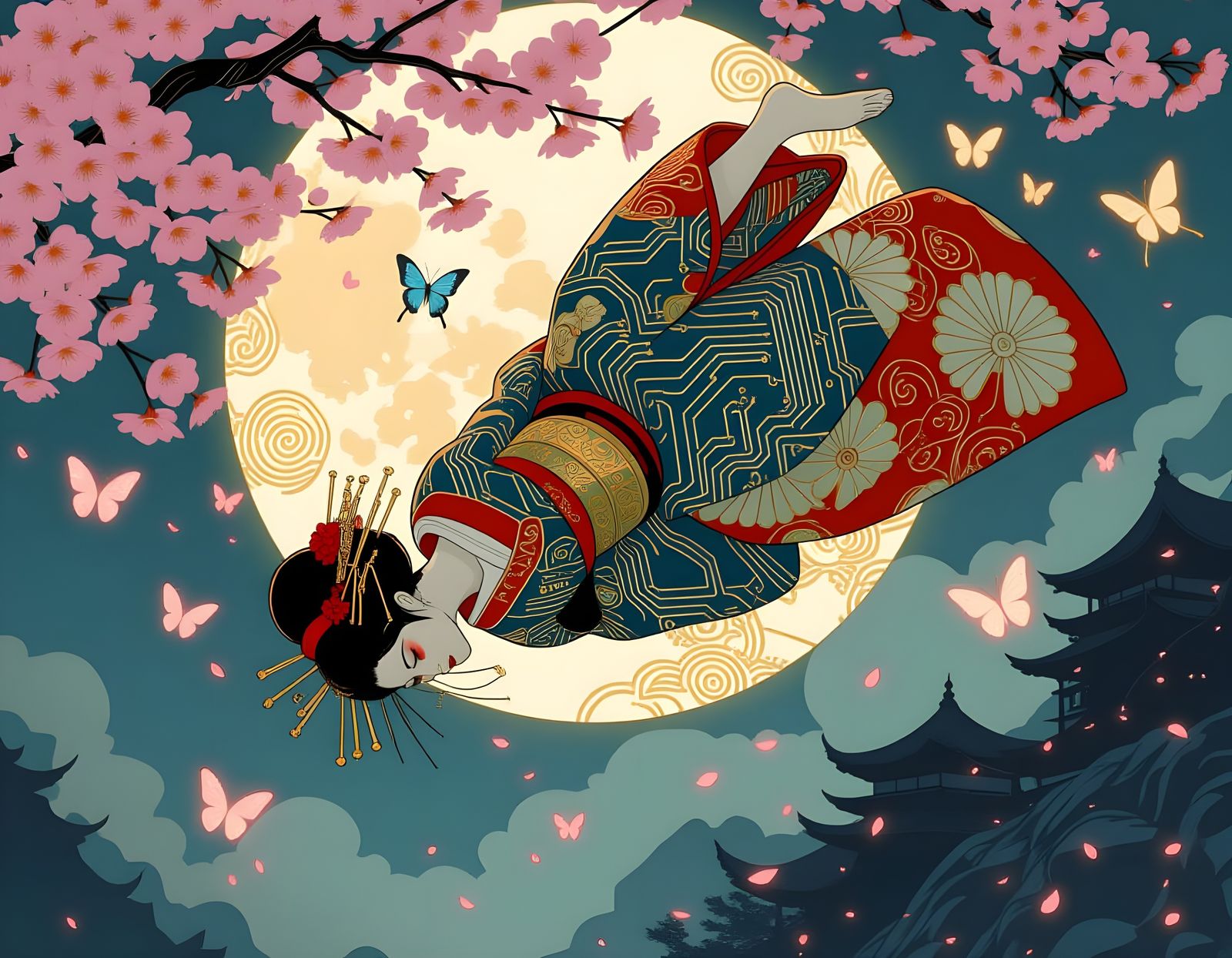 Biomechanical Geisha in Bioluminescent Garden