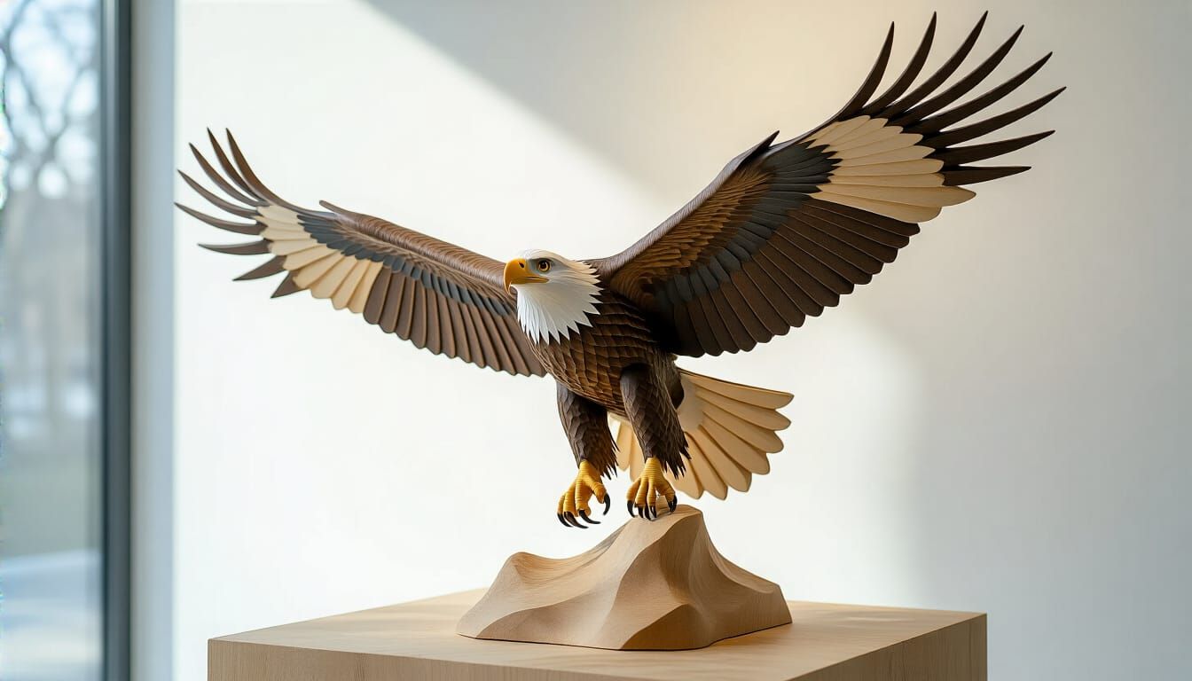 Elegant Wooden Eagle Sculpture in Modern Gallery