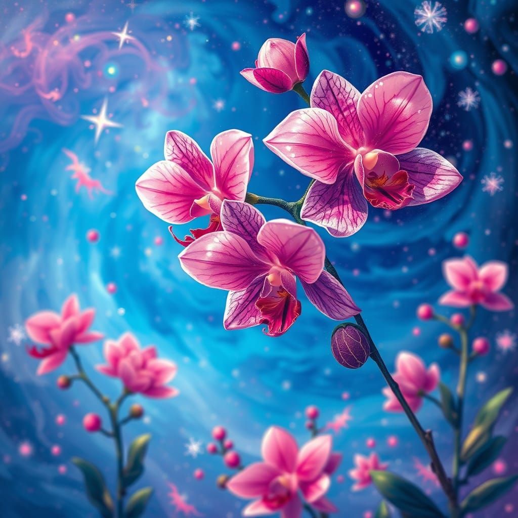 Pink Flowers Bloom in Holographic Astral Landscape