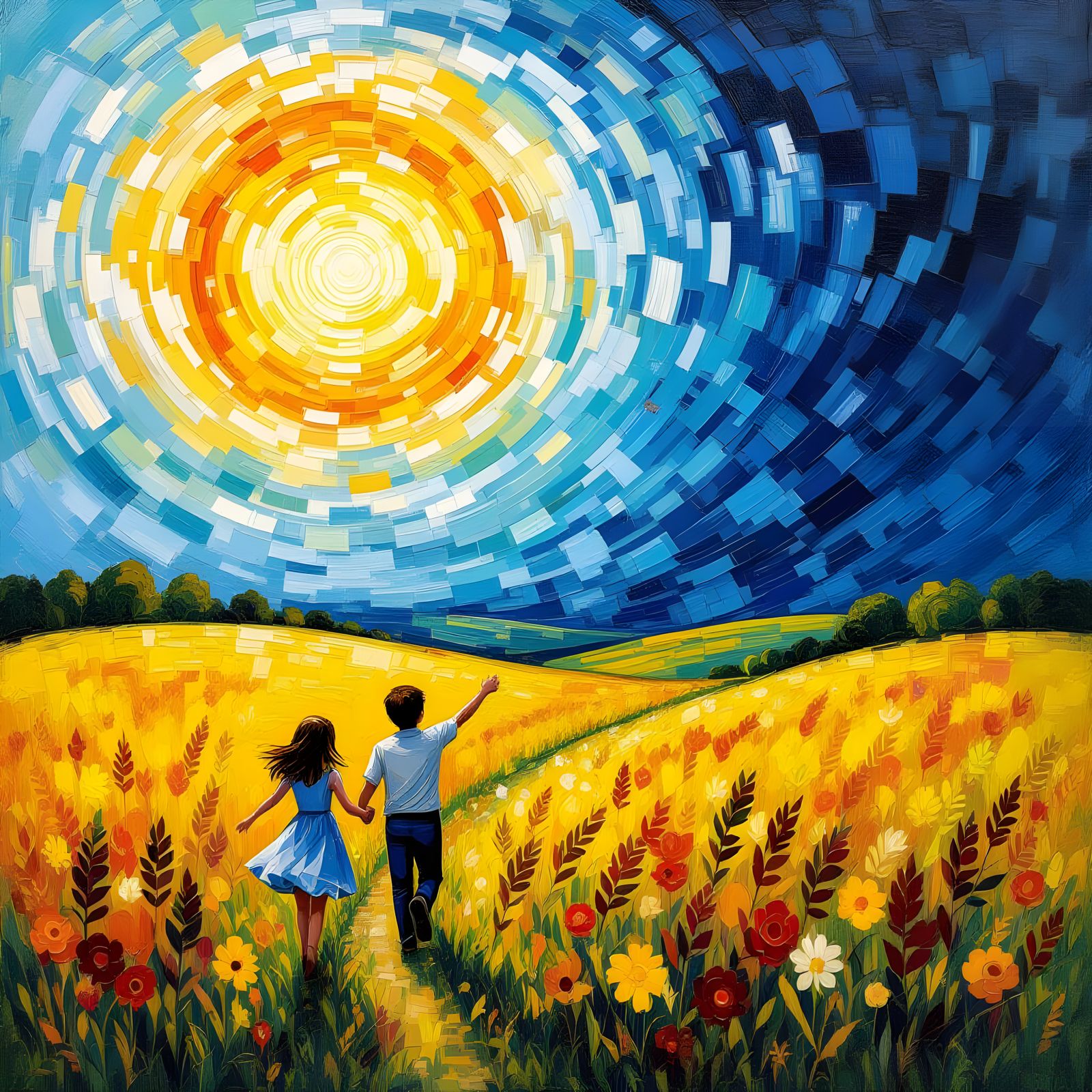 Child in Lavender Field with Golden Waterfall