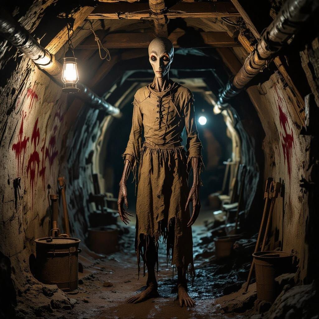 Eerie Humanoid Figure in Dark Mine, Horror Photography