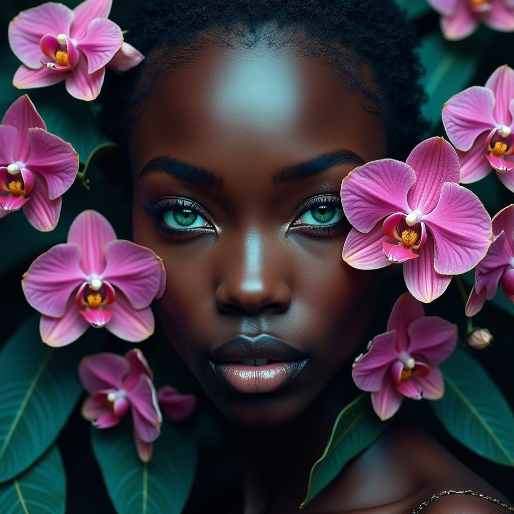 Mysterious Black Woman in Neon Hued Floral Oasis