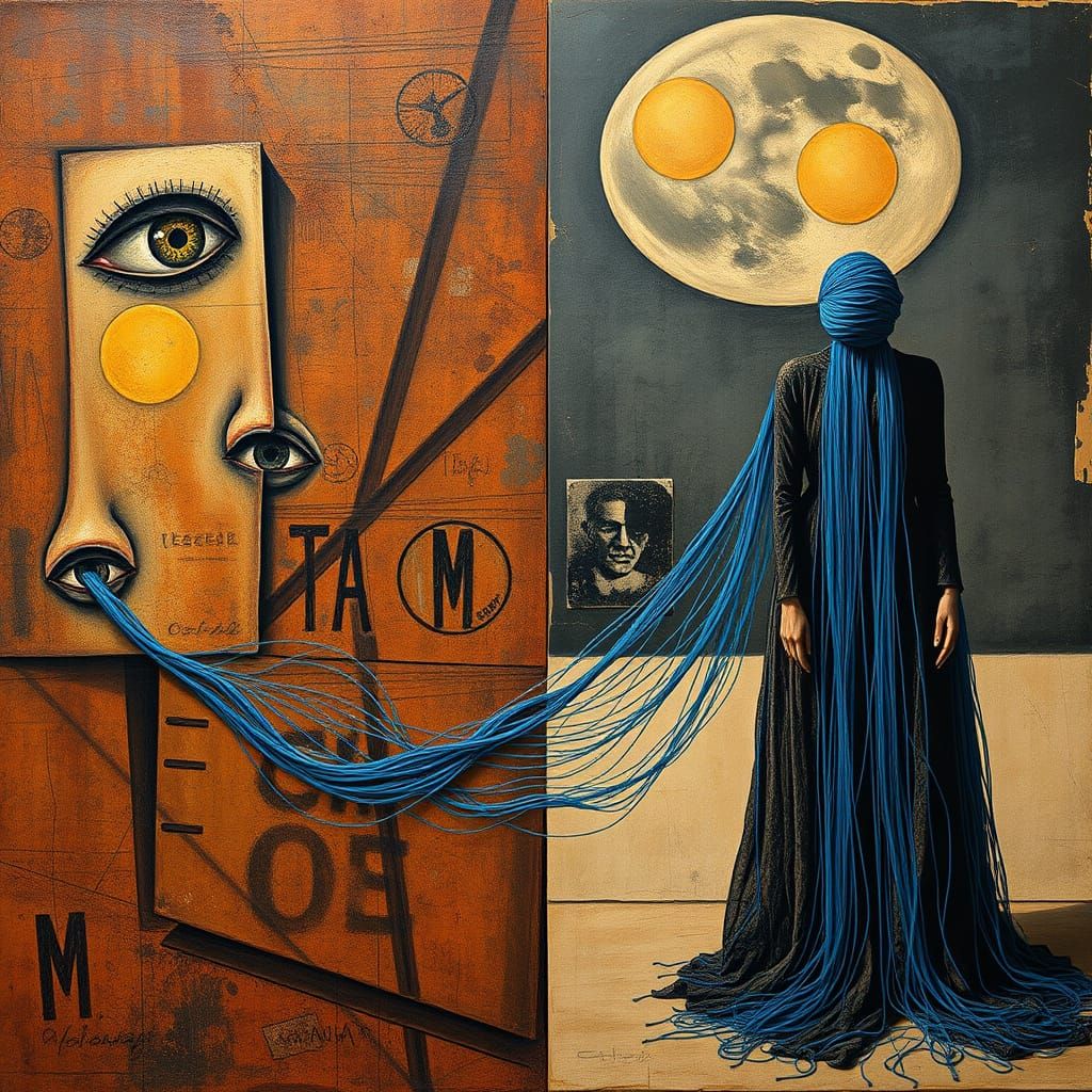 Surreal Women Connected by Blue Thread in Textured Art