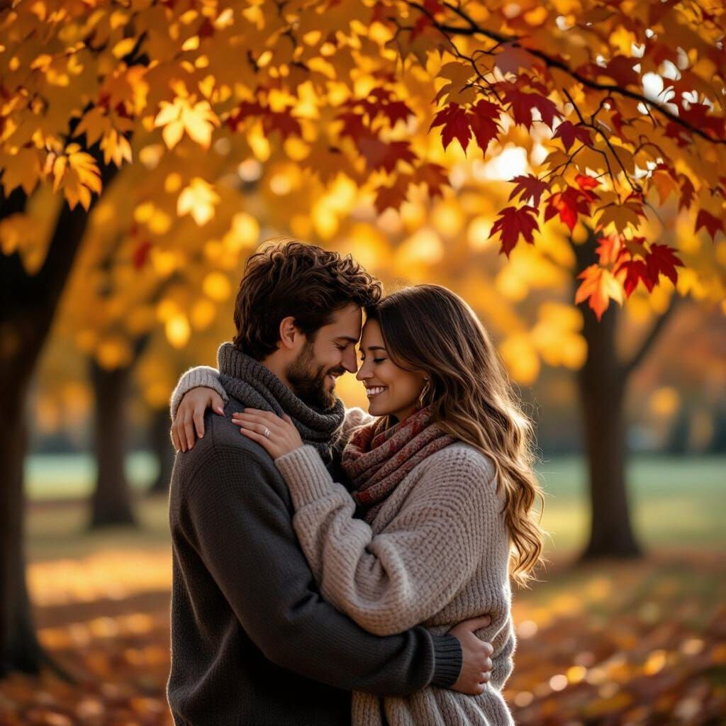 Couple's Tender Embrace Under Autumn Leaves