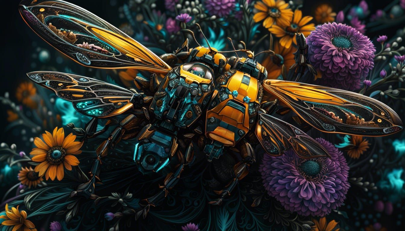 Cyberpunk Floral Bumblebee in Detailed Digital Illustration