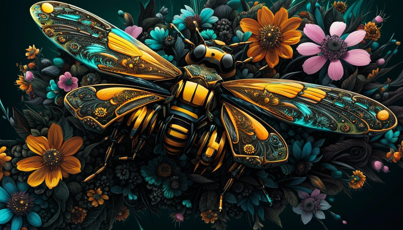 Cyberpunk Floral Bumblebee: Digital Illustration in 8K
