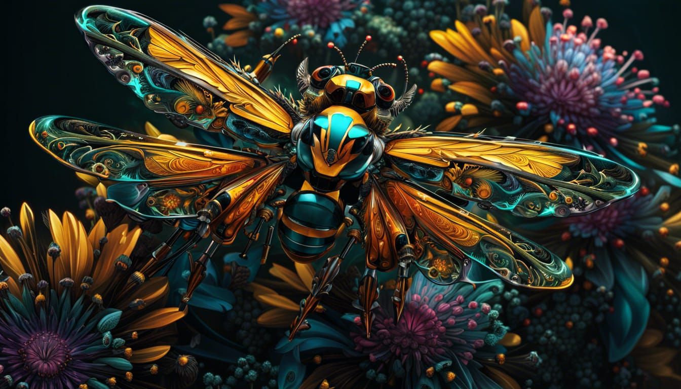 Cyberpunk Floral Bumblebee Digital Illustration