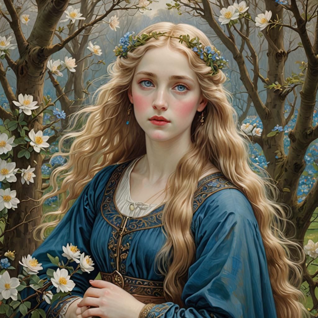 Pre-Raphaelite Woman with Dove in Spring Landscape