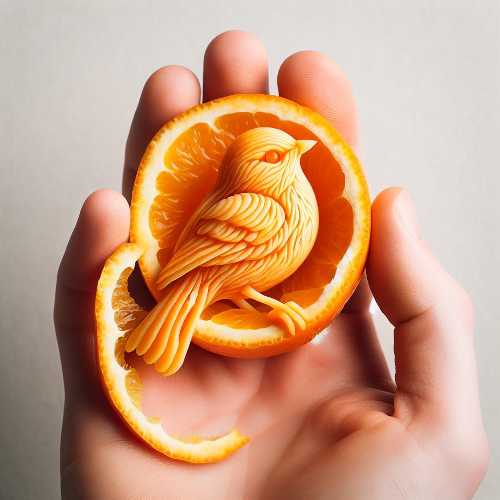 Photorealistic Orange Bird Carving Illustration