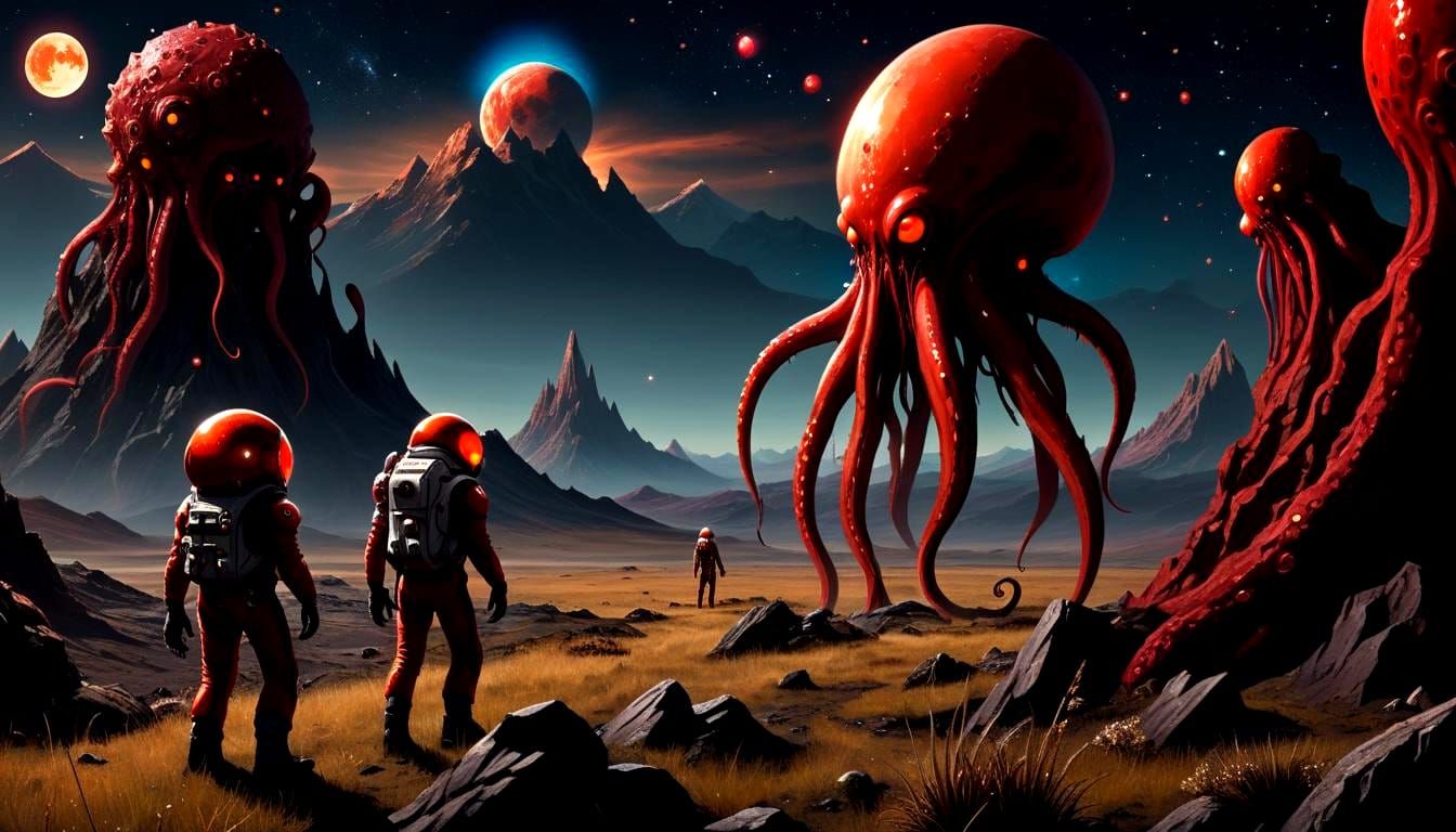 Spacemen on an Alien Planet with Mountains