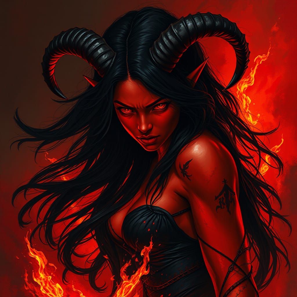 Gothic Goddess Emerging from Fiery Inferno in Dark Romantic...