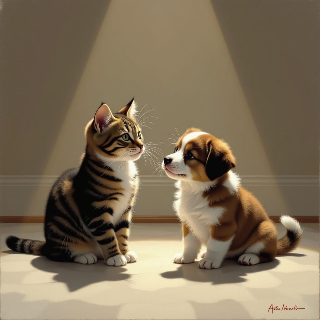 Tabby Kitten and Toy Poodle on White Floor, Volumetric Light...