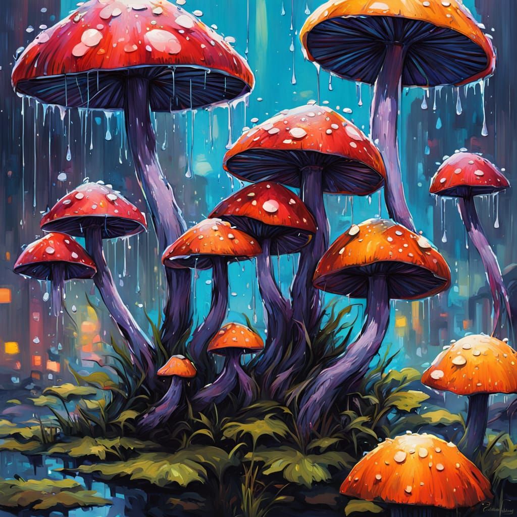 Surreal Mushrooms Perform in Whimsical Rainy Scene