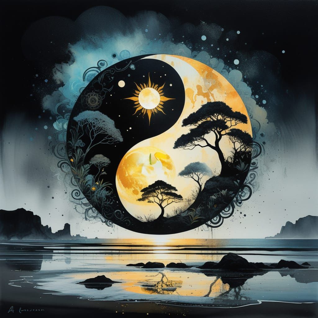 Surreal Yin Yang Sun Moon Cosmic Beach