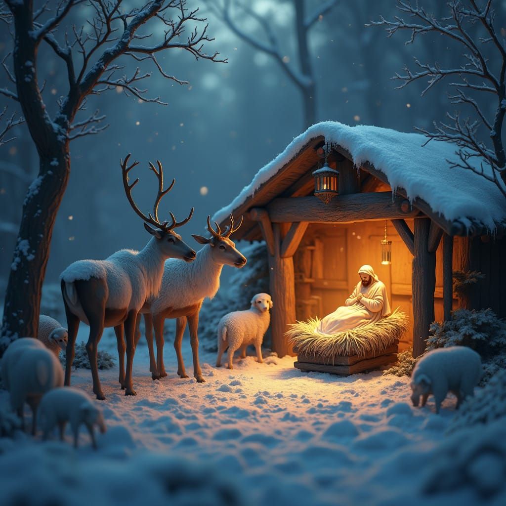 Winter Christmas Scene with Reindeer and Sheep in a Rustic S...