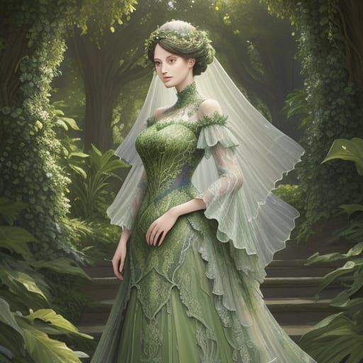 Woman in Artichoke Leaf Dress, Art Nouveau Fantasy Art