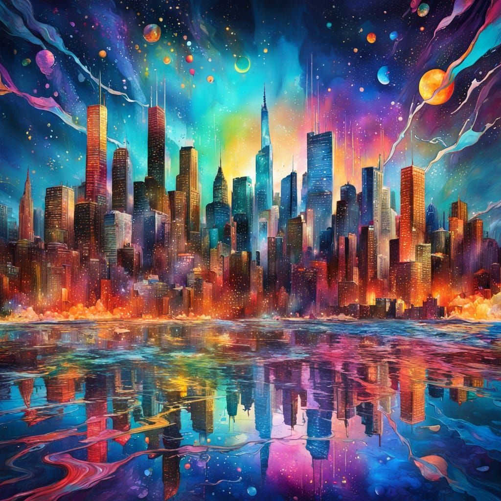 City Skyline Melting in Vibrant Astral Colors