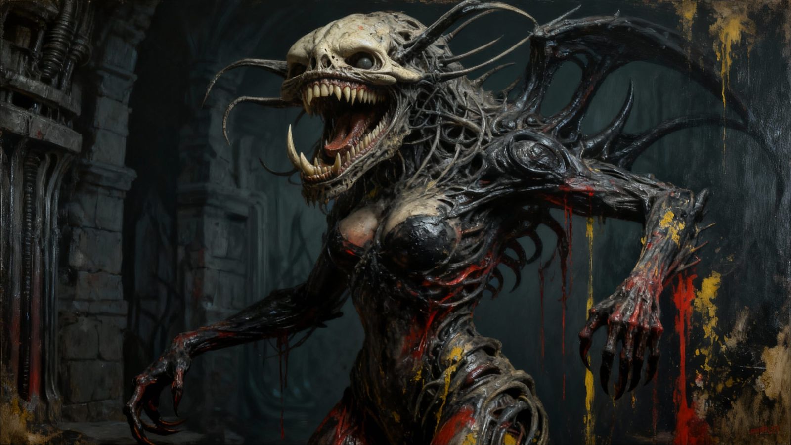 Grotesque Demoness Oil Painting with Biomechanical Style