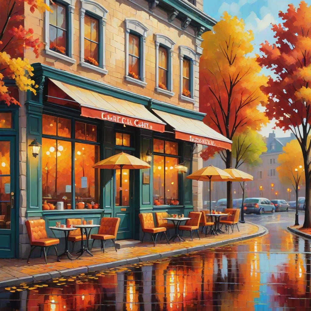 Cozy Autumn Cafe in Vibrant Cityscape Impasto Painting
