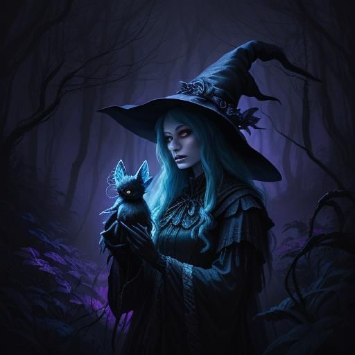 Witch and Puppet in Mystical Forest, Dark Fantasy Art