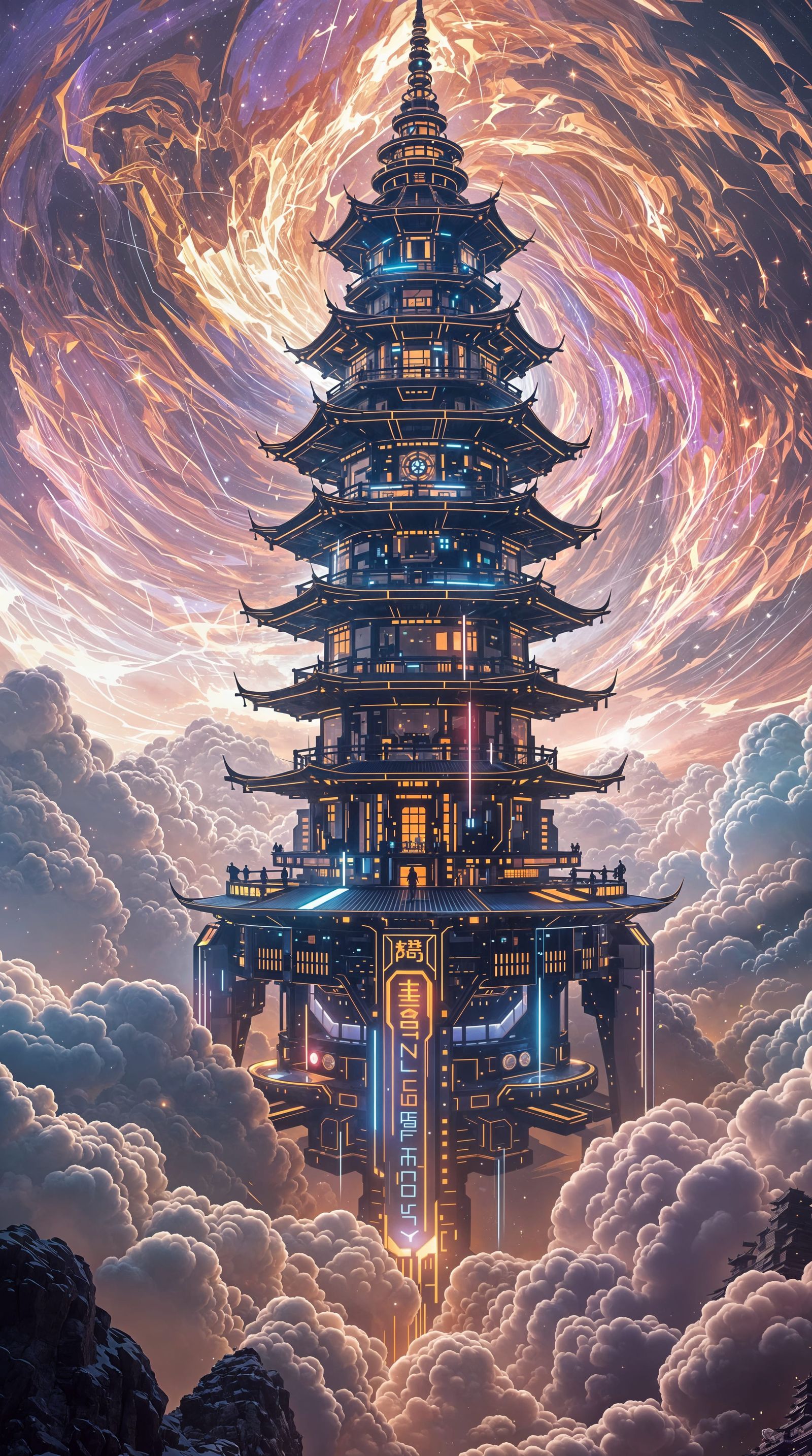 Sleek Futuristic Pagoda Amidst Iridescent Quantum Clouds