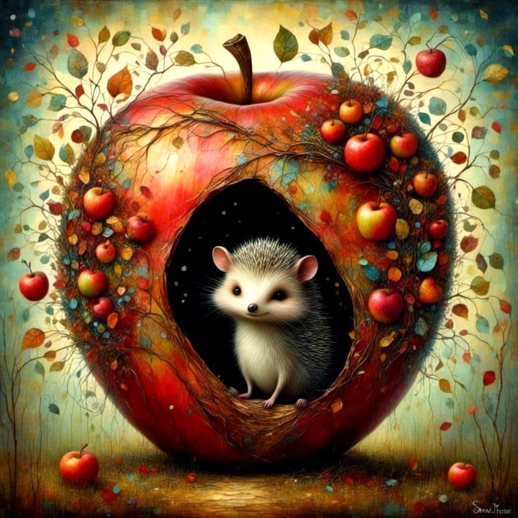 Hedgehog in Apple: Whimsical Watercolor Surrealism