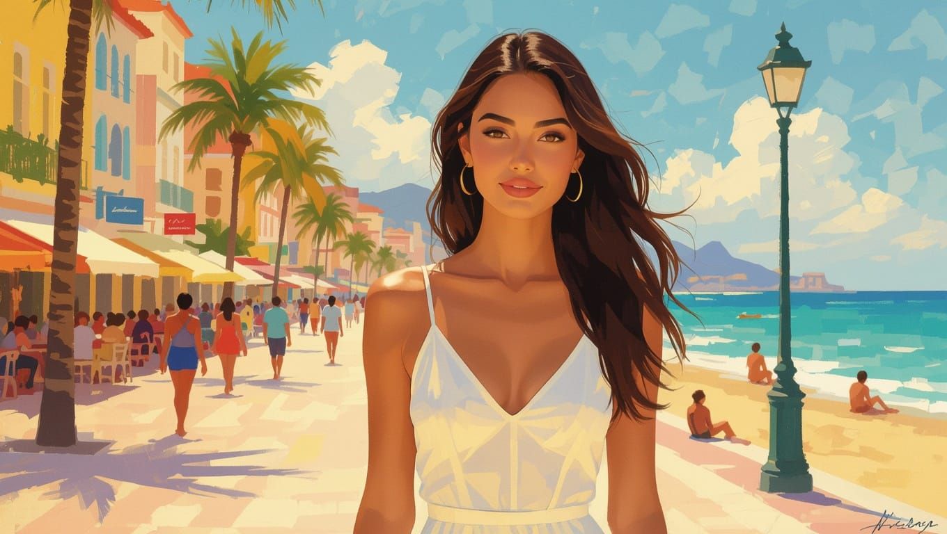 Elegant Young Woman on a Vibrant Beachside Promenade