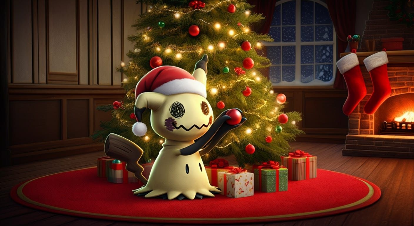 Mimikyu Decorates Christmas Tree in Colorful Winter Scene