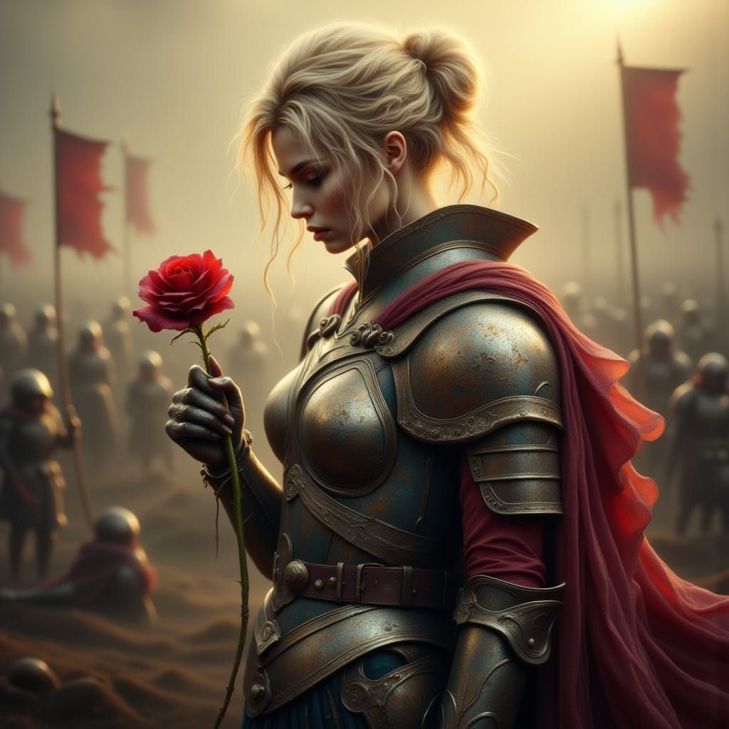 Female Warrior with Rose in Misty Battlefield