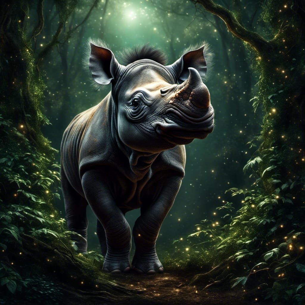 Baby Sumatran Rhino in Moonlit Forest