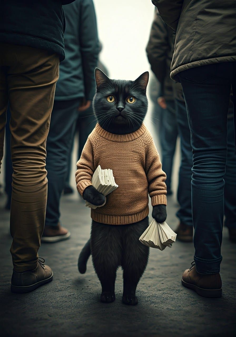 Sad Cat Walks Through Crowd in Retro Photography