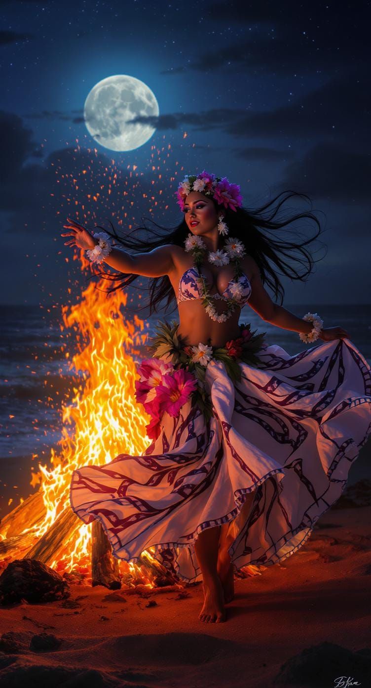 Hawaiian Woman Hula Dance by Bonfire in Hyperrealism