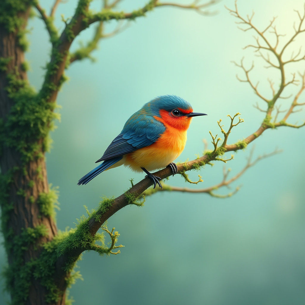 Iridescent Songbird on Mossy Branch in Fantasy Style