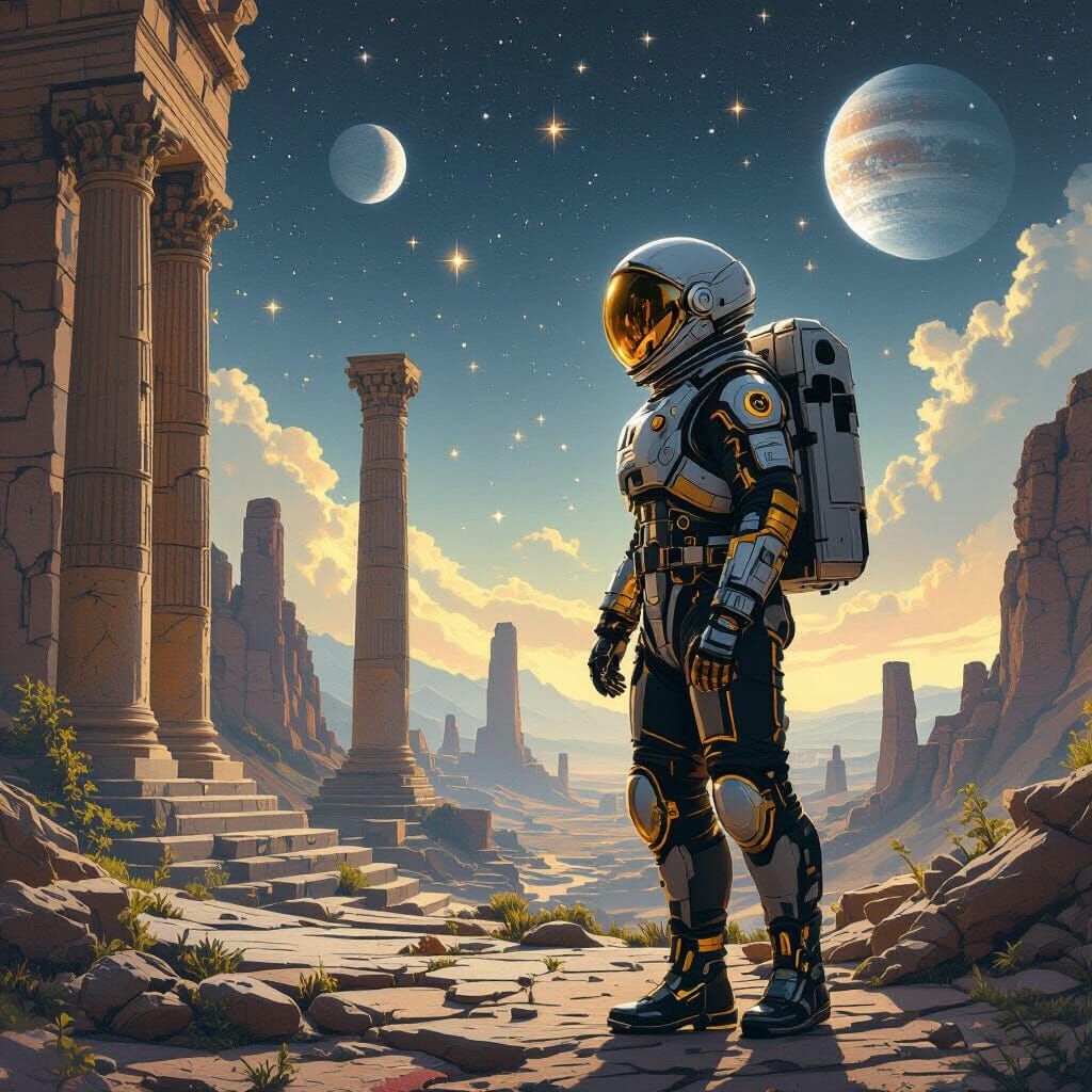Astronaut Exploring Ancient Ruins Under Starry Sky