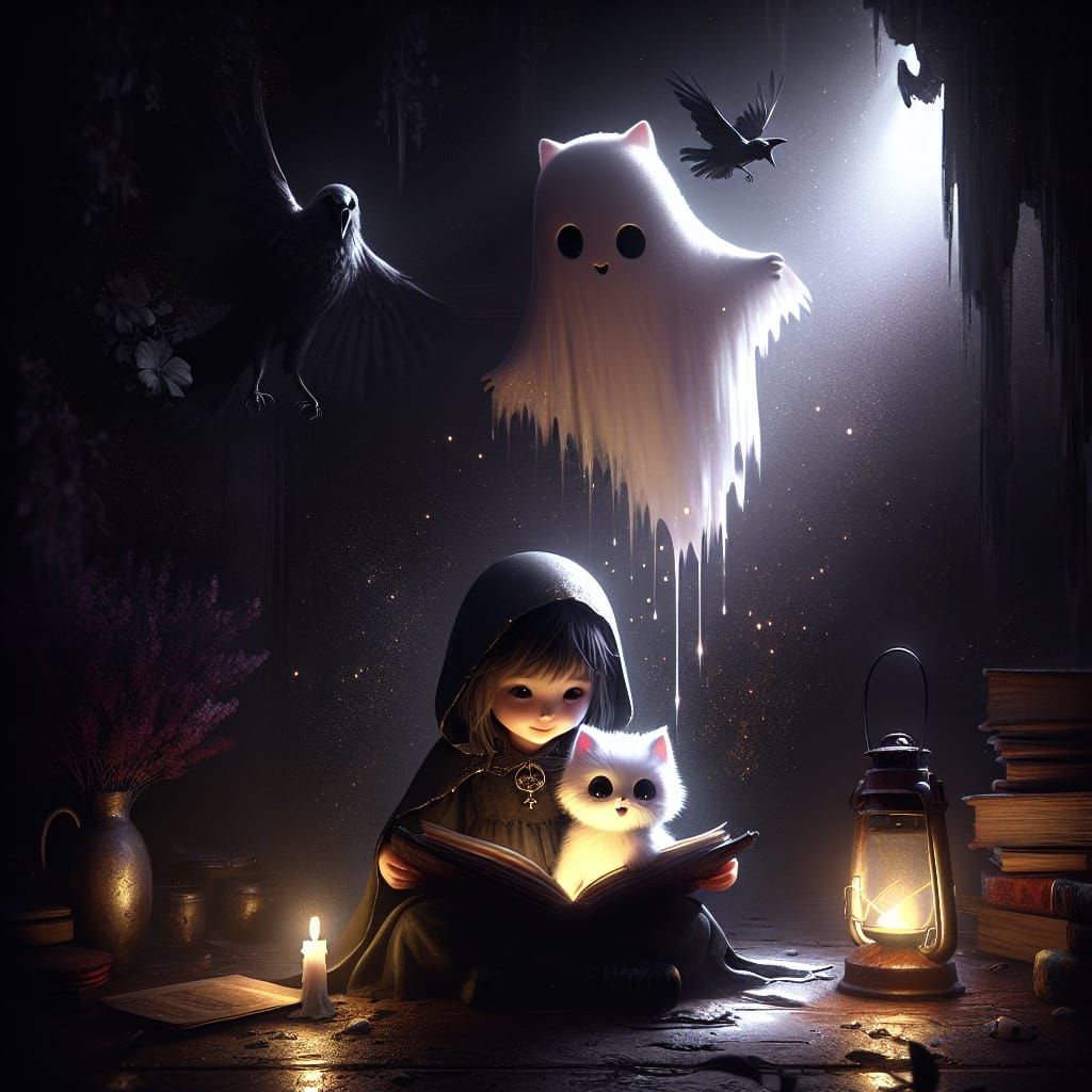 Girl, Kitten, and Ghost in Dark Fantasy Art