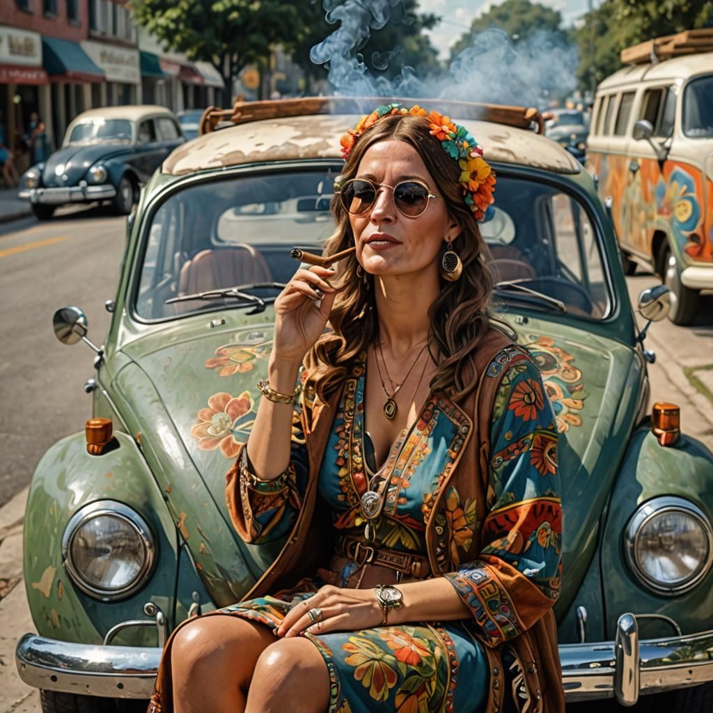 Hippie Woman with VW Bug in Photorealistic Style