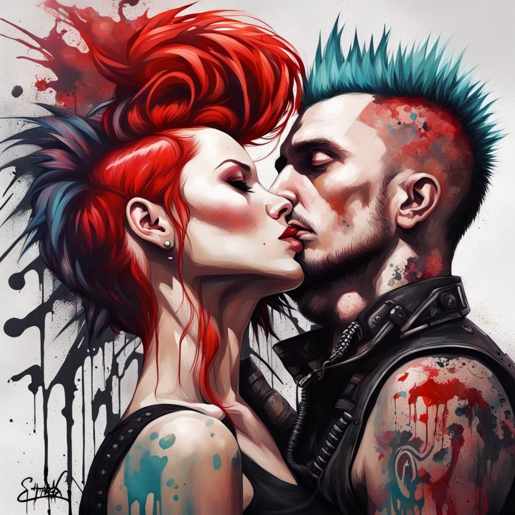 Gothic Woman Kissing Punk in Graffiti Street Art