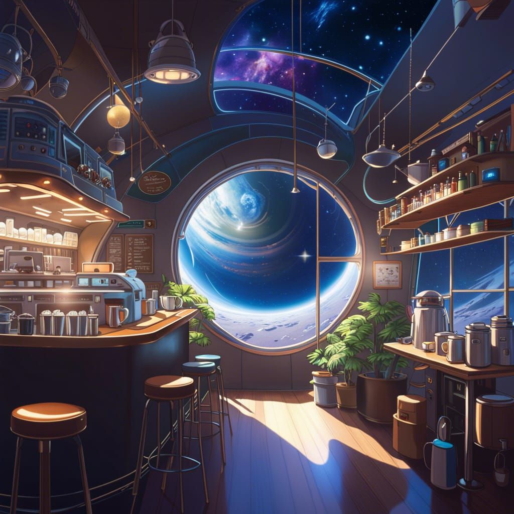 Space Coffee Shop Interior in Anime Style