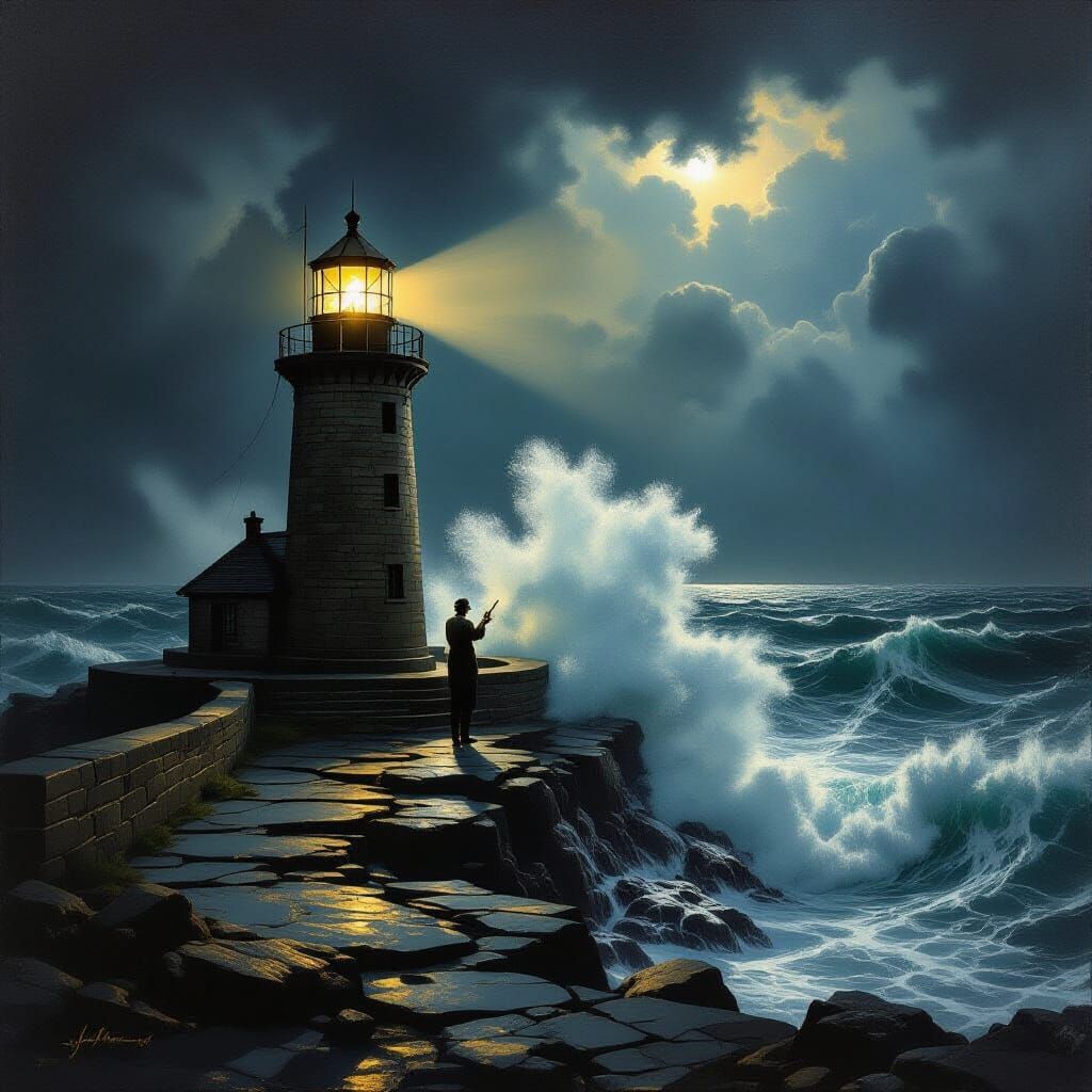 Lighthouse Keeper Tends Lamp on Stormy Isle
