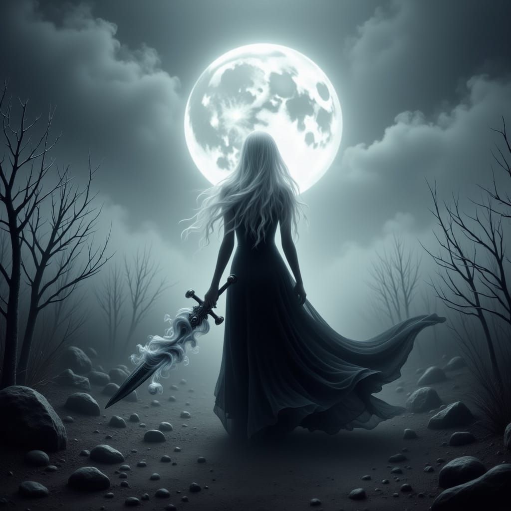 Ghostly Knight Walks Misty Moors at Night