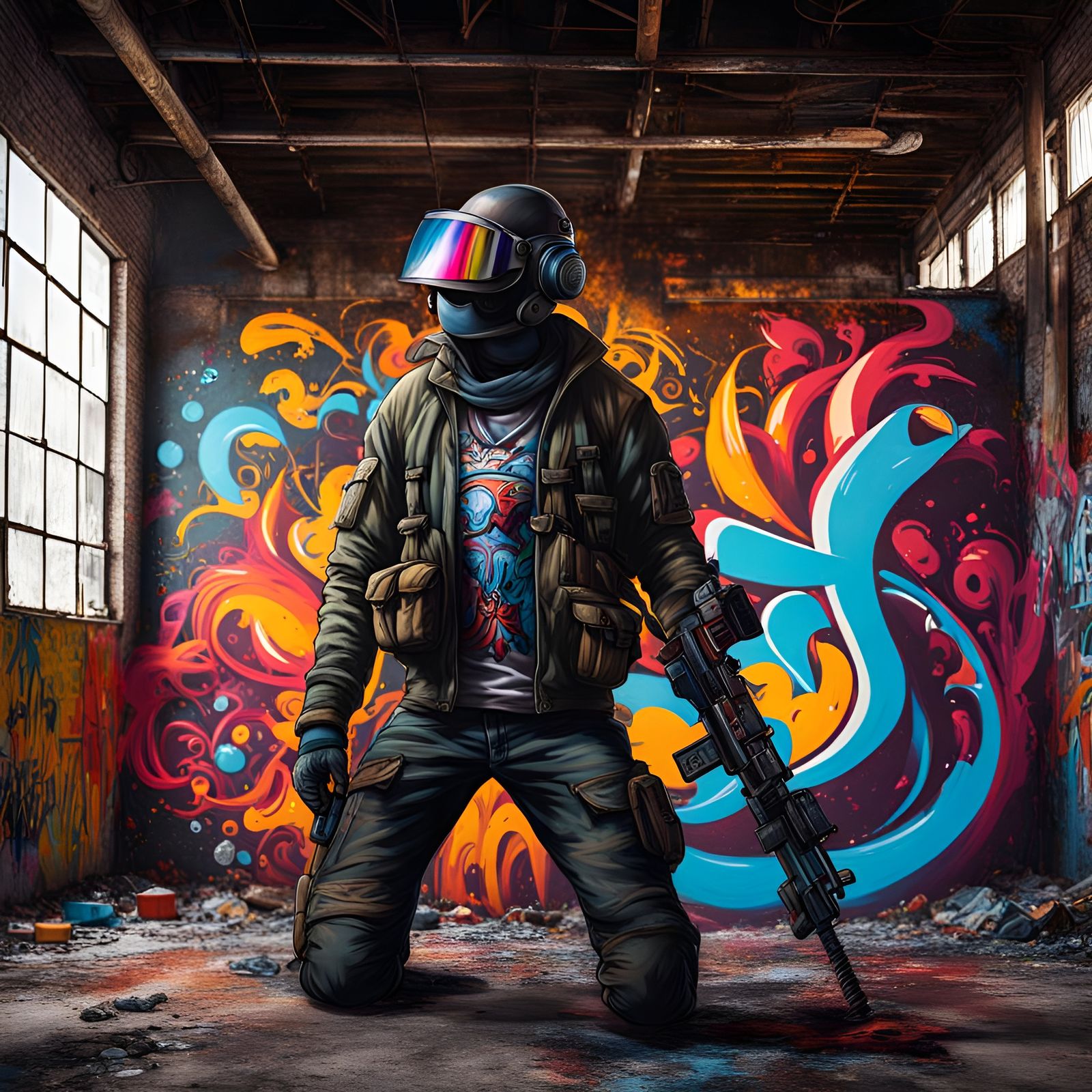 Juggernaut with AK in Abandoned Factory: Graffiti Art