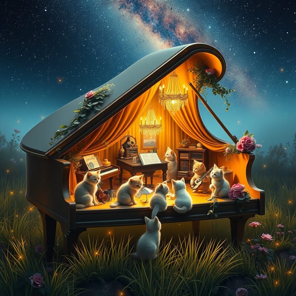 Whimsical Grand Piano House of Adorable Angora Cats