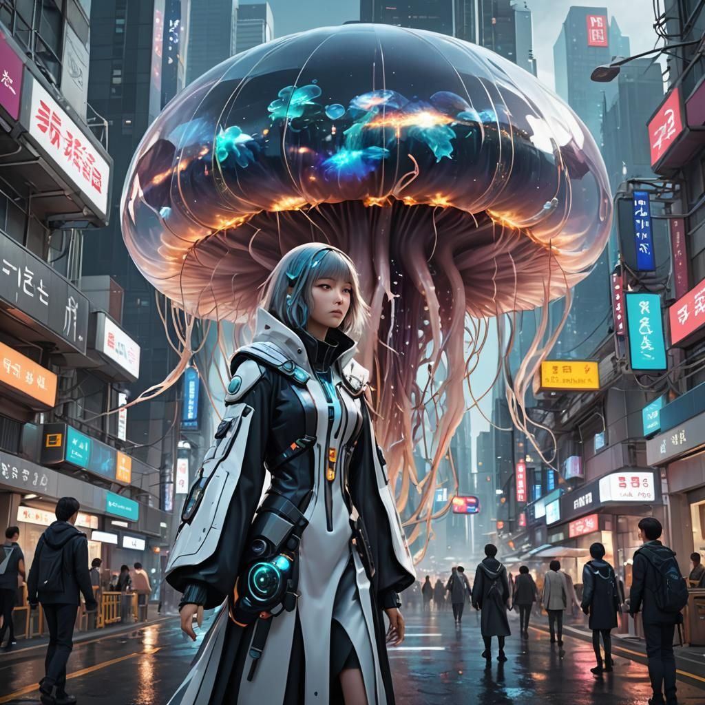Jellyfish Symbiote in Sci-Fi City: Anime Art