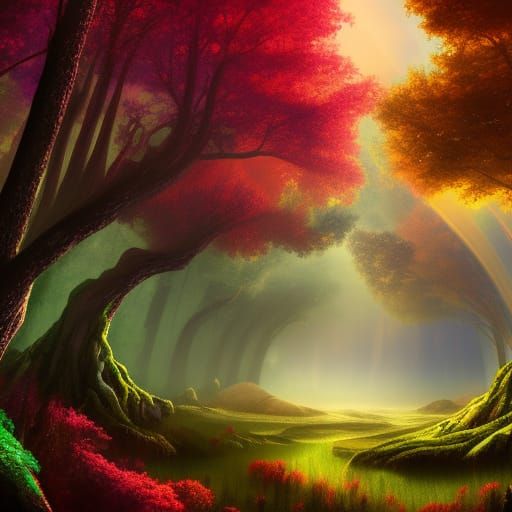 Rainbow Forest: Detailed Matte Painting in Deep Color